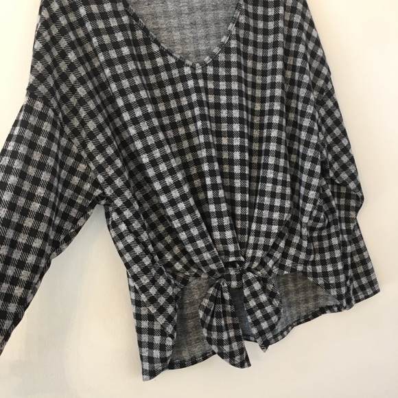 Gingham Long Sleeve Waist Knot Tie Tunic Top Black - Picture 5 of 7